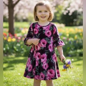 Gymboree Pink Mauve Roses Floral Crush Velvet Dress 3/4 Sleeve 5T Easter Spring